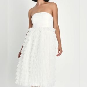 New Lulus White Mesh Swiss Dot Ruched Tiered Midi Dress